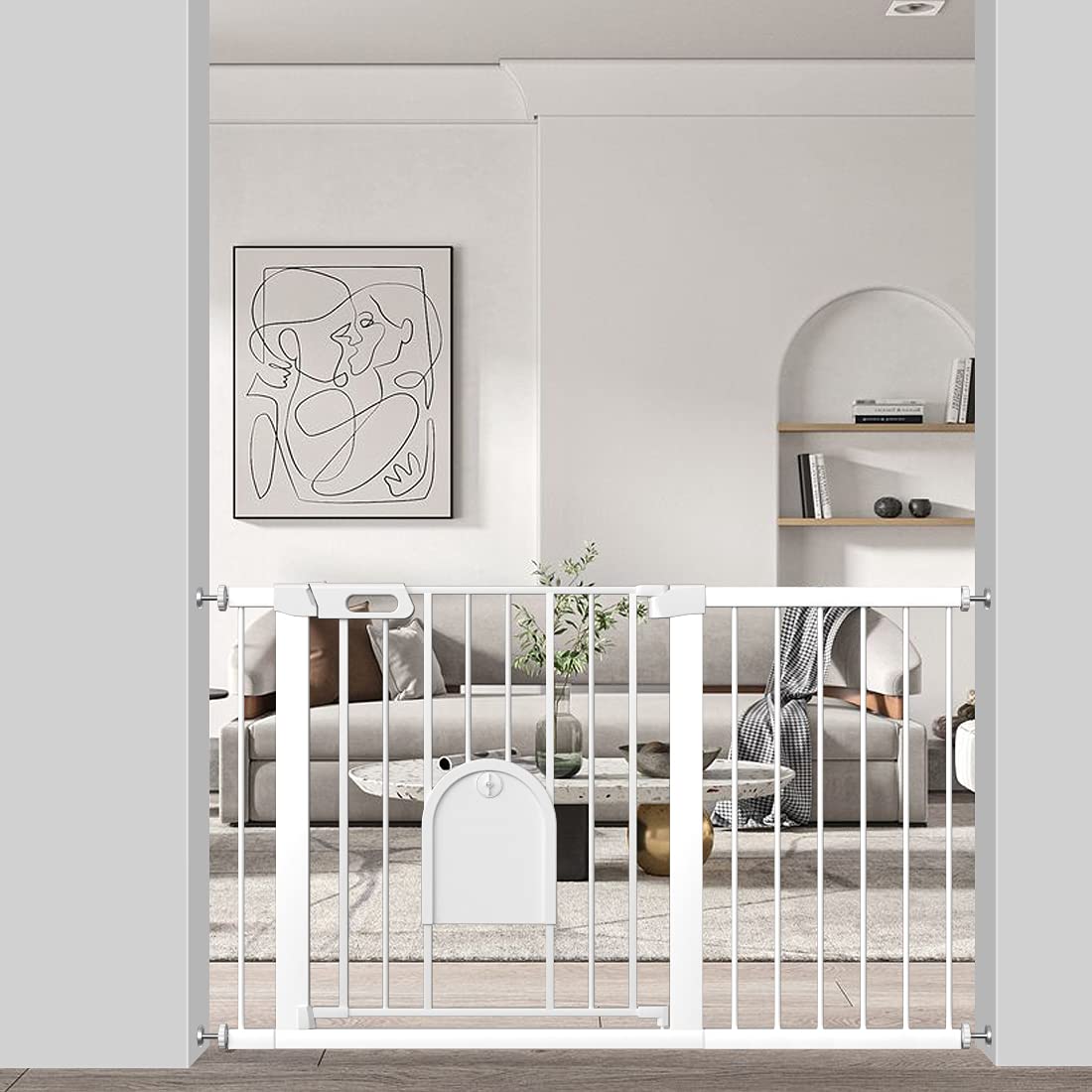Extra Wide Baby Gate with Cat Door-White